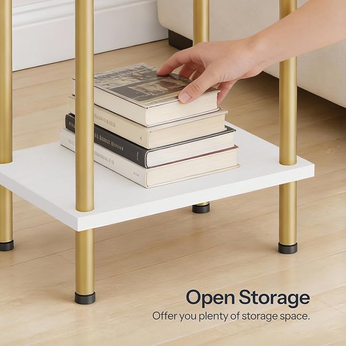 HOOBRO End Table, Small Side Table, Nightstand with 2-Layer Storage Shelves, Sofa Table for Small Spaces, Living Room, Bedroom, Stable Frame, Easy Assembly, White and Gold DW09BZ01