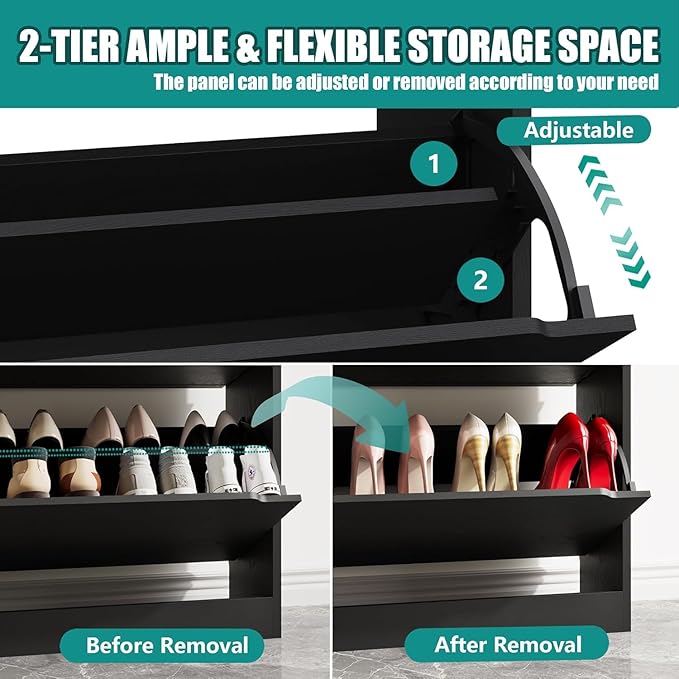 Xixini Shoe Storage Cabinet for Entryway with 2 Flip Drawers, Wood Freestanding Hidden Shoe Storage, Sturdy Narrow Slim Shoe Organizer for Front Door Entrance, Living Room, Hallway, Bedroom, Black