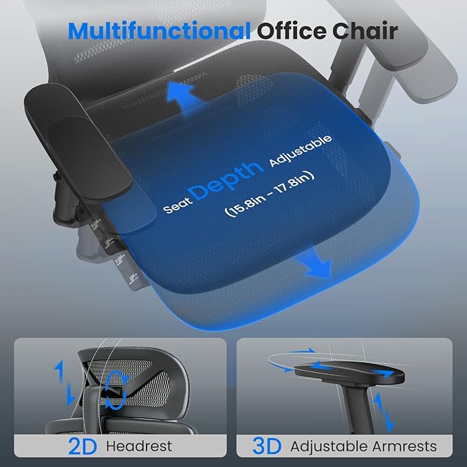 OdinLake L1 Ergo Upgrade 518 Black Ergonomic Mesh Office Chair – Big & Tall 350lbs, Dynamic Lumbar Support, Adjustable Height, Seat Depth, Headrest, Armrests, BIFMA Certified Desk Chair