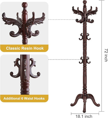 Wooden Coat Rack Stand Sturdy Triangle Base, Natural Birch Wood Coat Racks Freestanding, Vintage Solid Wood Coat Tree Stand with 14 Hooks, Classic Sturdy Coat Racks Hall Tree for Entryway