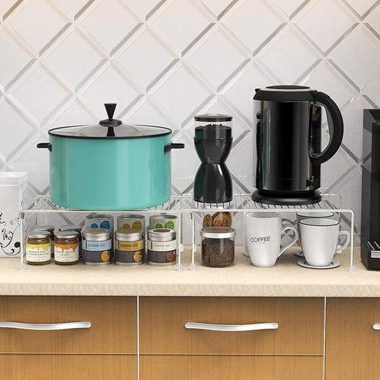 Set of 2 Kitchen Cabinet Organizer Shelves, Stackable Organizer and Storage for Cabinet Cupboard, Expandable Shelf Risers Plate Rack with Anti-slip Plastic Liner