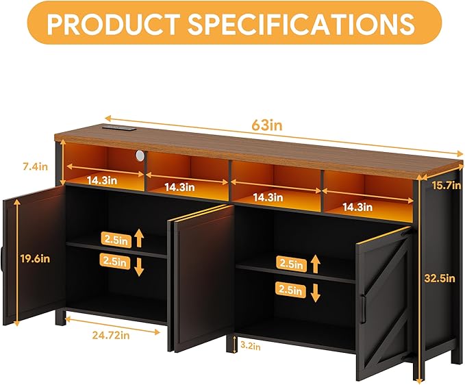 63'' Buffet Sideboard with Storage with Power Outlets & LED Light 4 Doors, Large Farmhouse Kitchen Storage Cabinet Wood Coffee Bar Cabinet Buffet Table for Kitchen, Dining Room, Entryway