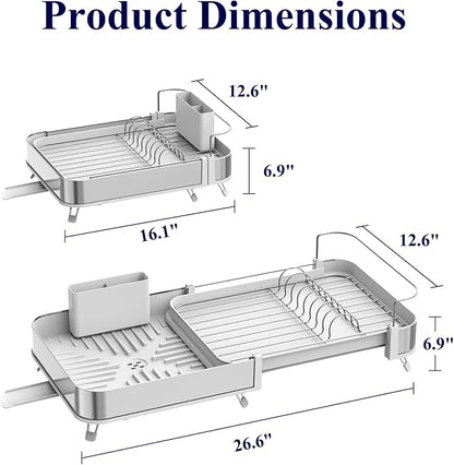 Kitsure Dish Drying Rack - Expandable Stainless Steel Dish Racks for Kitchen Counter, Auto-Drain Drying Rack for Kitchen with Cutlery Holder & Non-Slip Feet, 16.1-26.6" L x 12.6" W, White