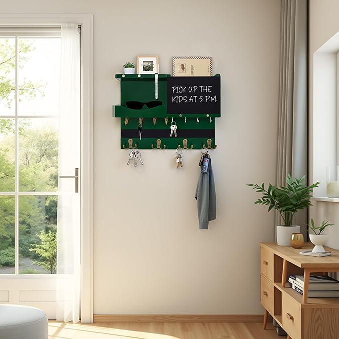 Key Holder for Wall Mount with Shelf and Mail Organizer, Key and Mail Holder with 16 Hooks, Farmhouse Entryway Organizer, Home Decor Rack (Pine Wood,Green)
