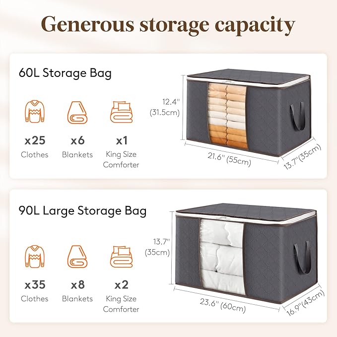 Lifewit 4 Pack 60L Clothes Storage Bins with Lids, Foldable Blanket Storage Bags with Zippers, Clear Window and Reinforced Handles, Closet and Organization for Clothing, Sweater, Comforter, Bedding