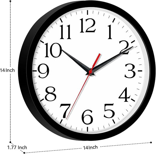DAXSMY 14 Inch Wall Clock - Battery Operated, Silent Non-Ticking Analog Sweep Movement - Easy to Read Numbers for Home, Office, Kitchen, Classroom (Black)