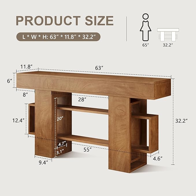 Feonase 63 Inches Long Console Table for Entryway, Wooden Sofa Table Behind Couch with 3-Tier Storage, Farmhouse Narrow Entry Hallway Table for Living Room Foyer Entrance, Natural