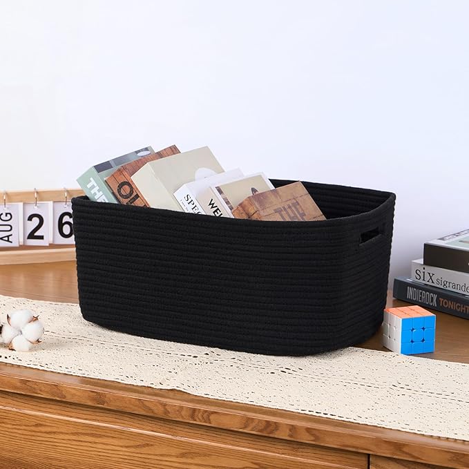 MiniArk Large Storage Baskets for Organizing, Closet Shelf Baskets for Clothes Blanket Towels, Baby Nursery, Toy Bins Box, Woven Rope Baskets, 17 x 13 x 7.5”, 4 Packs Black