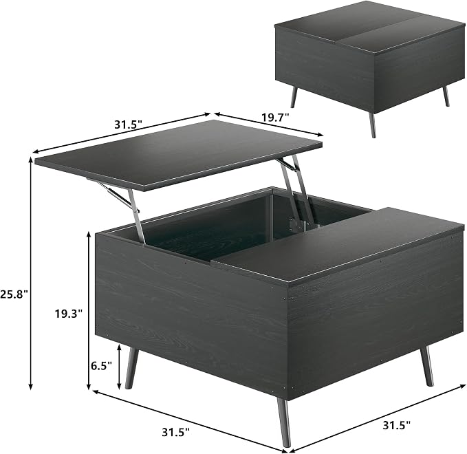 HUAHUU Lift Top Coffee Table, 31.5" Square Coffee Tables with Storage, Coffee Table with Large Hidden Compartment, Center Table with Lifting Tabletop, for Living Room, Black
