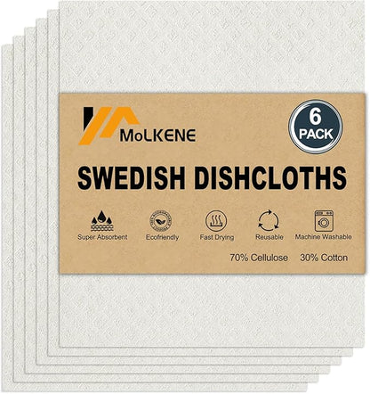 MoLKENE Swedish Dishcloths for Kitchen | 6 Pack Absorbent Cellulose Sponge Cloths Washable | Non-Scratch Reusable Paper Towels Quick Drying Cleaning Cloths - White