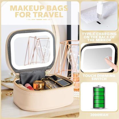 Mini Makeup Bag with Led Mirror,Small Travel Make up Bag 3 Light Modes Adjustable Brightness, for Women Organizer Cosmetic Bag, Portable Travel Train Toiletry Bag, for Pool Parties Work Touch-Ups