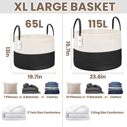 JMvicyroam 115L Extra Large Blanket Basket for Living Room - Woven Cotton Rope Laundry Hamper with Reinforced Handles - Storage Bin for Pillows, Comforters & Toys - Machine Washable,White&Black