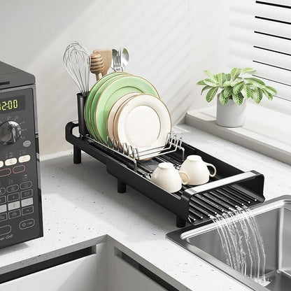 Small Dish Drying Rack, Mini Expandable Compact Dish Rack, Slim Extendable Stainless Steel Dish Drainer for Kitchen Plate Storage, Space Saving Dish Strainer in Sink or on Home Countertop, Matte Black