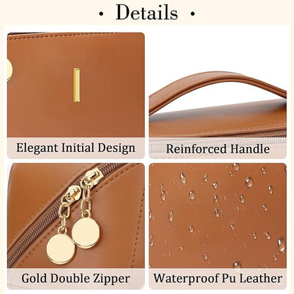 Valentine's Day Gifts for Women Teen Girl, Personalized Initial Makeup Organizer Bag Set, Open Flat Travel Cosmetic Bag With Clear Divider and Handle(Brown,I)