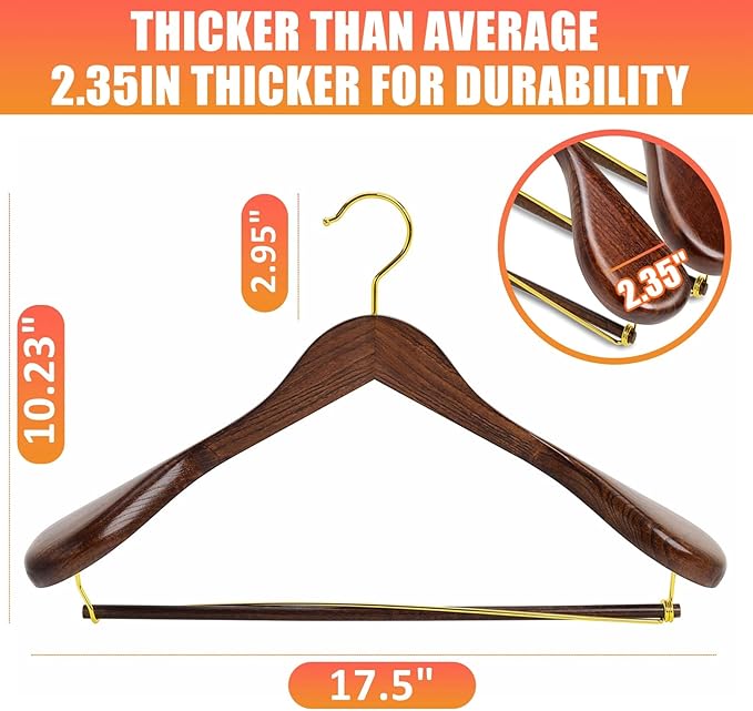 Amber Home 6 Pack Retro Wooden Suit Hangers with Gold Hook, Vintage Wide Shoulder Suit Hangers with Gold Pants Locking Bar, Wood Jacket Clothes Hangers for Sweater, Pants, Heavy Clothes