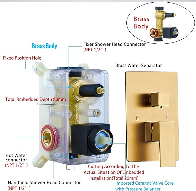 SaniteModar Shower Head, 10 Inch Bathroom Shower System, Multi-function Rainfall Square Shower Head, Wall Mounted Shower System Shower Head Trim Kit, Brushed Gold