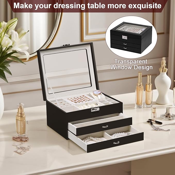Yoobao Jewelry Boxes for Women with Transparent Lid and Lock, 3 Layers Jewelry Organizers and Storage for Necklaces Earrings Bracelets Rings Watches, Ideal Present for Anniversary Graduation New Year