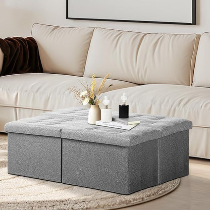 AmasSmile Storage Bench Folding Ottoman Foot Rest Stool, 34 inch Grey Linen Footstool, Short Ottoman Bench, Foot Rest Store as Books, and Blanket Storage or Others