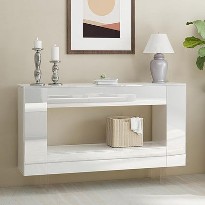 47" High Gloss Console Table with Hidden Side Storage Cabinets, Adjustable Shelves, Modern Entryway Sofa Table for Behind The Couch, Living Room, Hallway, White