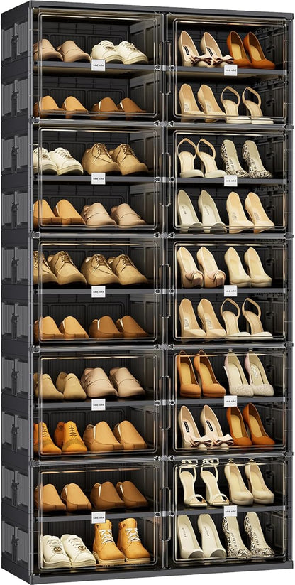 JEKO&JEKO 10-Tier Foldable Shoe Storage Cabinet with Magnetic Doors, Large Stackable Shoe Organizer Cabinet for Entryway, Clear Front Door Shoe Boxes Hold Up to 40 Pairs (Black)