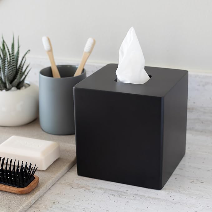 Yew Design Matte Black Square Tissue Box Cover, Decorative Tissue Box Dispenser for Bathroom, Parlors, Office, Bedroom Dresser, Vanity Countertop, Nightstand, Car, and Desk