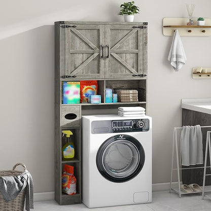 Vabches Over The Toilet Storage Cabinet, Farmhouse Storage Cabinet Over Toilet with 2 Barn Doors & Toilet Paper Holder Stand，Home Space-Saving Toilet Rack, for Laundry, Bathroom, Restroom.Grey Oak