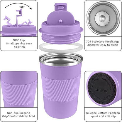 YINBAOGE Insulated Travel Coffee Mug, Spill & Leak Proof, Portable To Go Camping Stainless Steel Coffee Tumbler, Reusable Thermal Coffee Cup with Lid for Hot & Cold Drinks (Purple, 17 OZ)