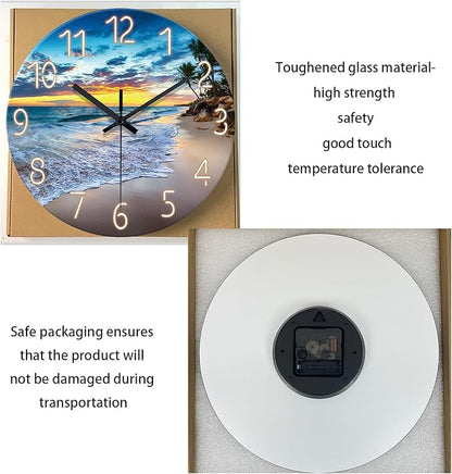 Glass Beach Wall Clocks Battery Operated 16 Inches or Larger Analog Wall Clock Silent Non Ticking Blue Wall Clock for Living Room
