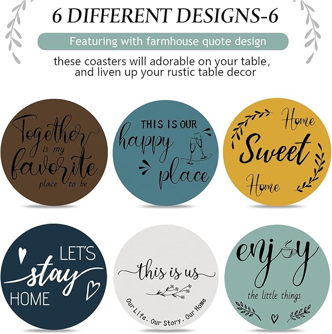 Queekay Coasters Set of 6 House Warming Gifts New Home Wooden Farmhouse Drink Coasters with Holder 4'' Funny Decoration for Kitchen Family Coffee Bar Tabletop Protection(Blue)