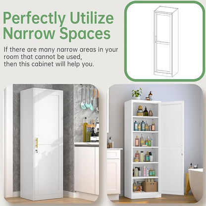 Ckzbx Metal Locker Tall Narrow Storage Cabinet, 67" H Locking Tool File Cabinets Snack Locker Organizer for School Classroom,Bedroom,Gym Home Office,Entryway and Hallway (20" W 1Door White)
