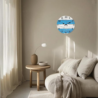 XNM Small Wood Wall Clocks Battery Operated 12 Inch Blue and White Nautical Wall Clock for Bedroom Silent Wall Clock (No Solid Wood, It is with MDF Material)