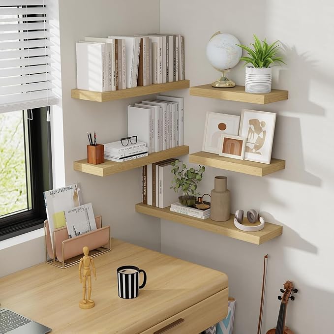 Acovy 55 Inch Floating Shelves, 8 Inch Deep Floating Shelves for Wall, Hanging Shelf with Invisible Brackets, Deep Shelves for Bathroom, Bedroom, Living Room, Oak, Set of 2