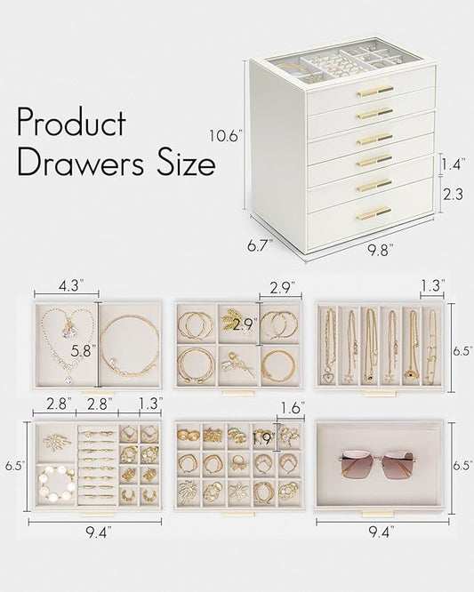 VLANDO 6 Layer Jewelry Box for Women, Glass Lid Jewelry Organizer with 6 Drawers for Necklaces Rings Earrings Bracelets - Cloud White