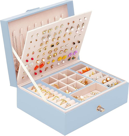 QBestry Girls Jewelry Box Earring Holder Organizer for Girls Jewelry Organizer Box Stud Earrings Organizer for Girls Womens Blue Jewelry Box for Earrings and Necklaces Rings Stud Earrings Box for Teen