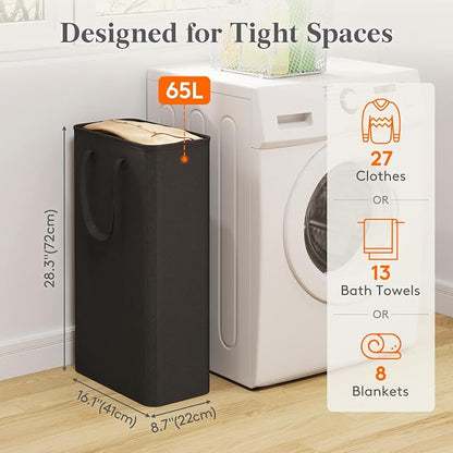 Lifewit Slim Laundry Hamper, Narrow Small Laundry Basket with Handle for Dirty Clothes, Collapsible Tall Thin Laundry Bin for Bathroom Bedroom Dorm College, 65L, Black