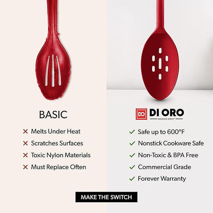 DIORO Silicone Mixing & Serving Spoons - Large Heat-Resistant Non Stick Utensils Big Solid & Slotted Basting & Stirring Spoons - Dishwasher Safe (2pc, Red)