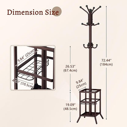FAVOOSTY Coat Rack Freestanding,Coat Rack Stand with Umbrella Holder,Metal Coat Tree with 12 Hooks,Tree Clothes Hat for Entryway, Hallway, Bedroom, Living Room & Office -Brown