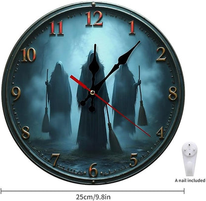 Wall Clock, Spooky Theme Non Ticking Wall Clocks Battery Operated, Teal Wooden Wall Clocks for Living Room, Bedroom, Study Room Decorative 10 Inch