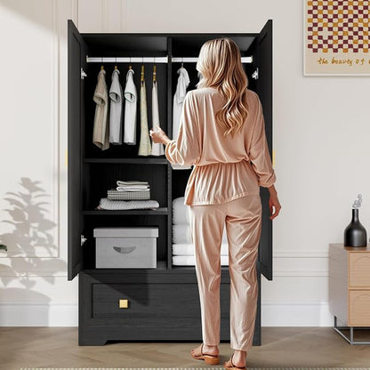 VINGLI Armoire Wardrobe Closet with Doors, 38" W Armoire Wardrobe Cabinet with Drawers and Hanging Rod, Black Wood Bedroom Armoires, 21" D x 38" W x 65" H