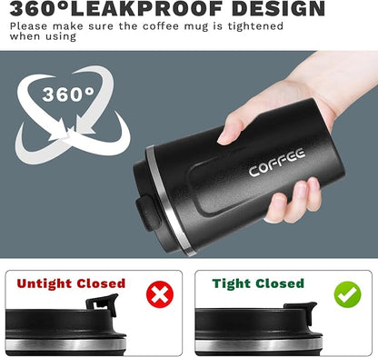 YINBAOGE Insulated Travel Coffee Mug, Spill & Leak Proof, Portable To Go Camping Stainless Steel Coffee Tumbler, Reusable Thermal Coffee Cup with Lid for Hot & Cold Drinks (2nd-Black, 12 OZ)