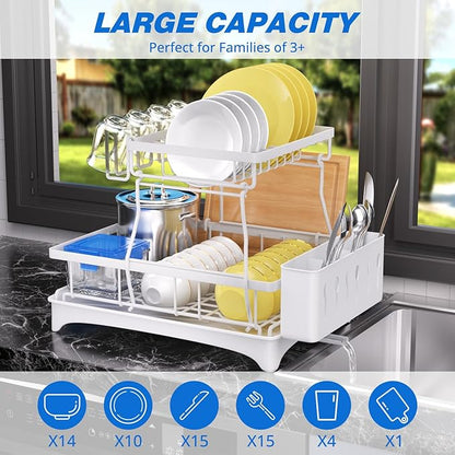 Godboat Dish Drying Rack, 2-Tier Dish Rack with Auto-Drain & Mat, Dish Racks for Kitchen Counter, Dish Drainer with Knife, Fork & Cup Rack, Gifts for Women, Mothers Day, Kitchen Gadgets, White