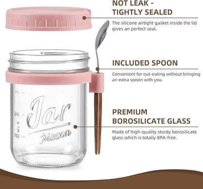 6 Pack Overnight Oats Containers with Lids and Spoons, 16 oz Glass Mason Overnight Oats Jars, Large Capacity Airtight Jars for Milk, Cereal, Fruit(Pink)