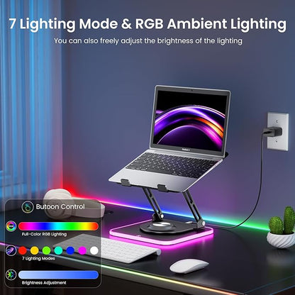 JOYEKY RGB Laptop Stand for Desk, Adjustable Ergonomic Laptop Riser with 360° Rotating Base, Foldable & Portable Computer Stand, Suitable for All 10-16” Laptops