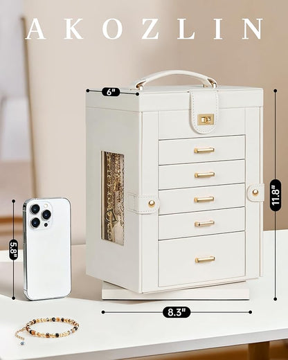 AKOZLIN Jewelry Box 6-Tier Organizer Functional 360° Rotating Jewelry Storage Case for Women Girls Ring Necklace Earring Bracelet Holder with Mirror