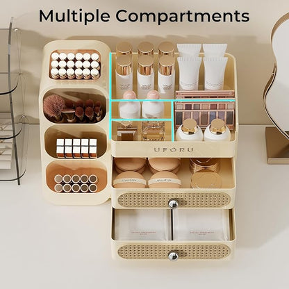 Makeup Organizer for Vanity with Brush Holder, Countertop Skincare Organizer with 2 Drawers, Spacious Cosmetic Display Case for Perfumes, Eyeshadow Palettes, Nail Polishes