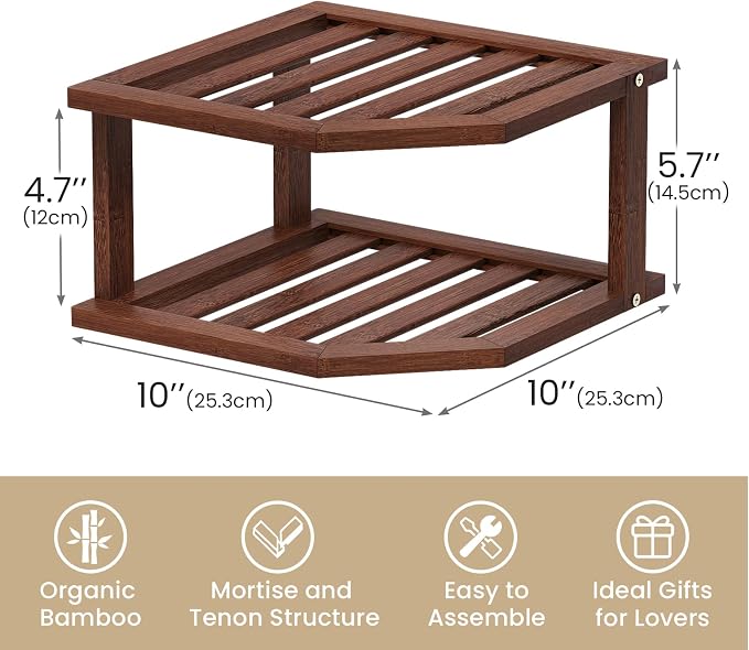 VERTORGAN Bamboo Corner Shelf,2 Tier Plate Organizer for Cabinet and Countertop,Pantry Dish and Spice Rack for Kitchen（Brown）