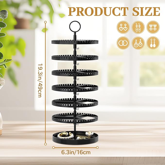 MODOWEY 6 Tier Rotating Earring Holder Organizer Display Tree with Metal Tray, Adjustable Plastic Stand with 342 Slots for Stud Hoop Hanger, Large Capacity Storage Rack for Women Space Saving, Black