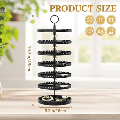 MODOWEY 6 Tier Rotating Earring Holder Organizer Display Tree with Metal Tray, Adjustable Plastic Stand with 342 Slots for Stud Hoop Hanger, Large Capacity Storage Rack for Women Space Saving, Black