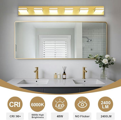 Modern LED Bathroom Lights Fixtures(6-Light),Metal Gold Acrylic Wall Lighting,Vanity Lights for Bathroom Over Mirror(6000k 41in)