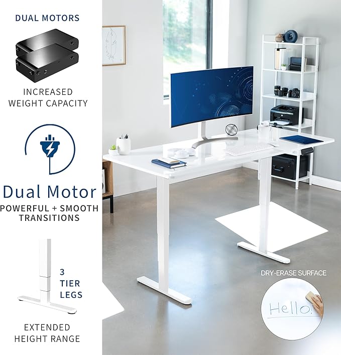 VIVO Electric Dry Erase 71 x 30 in Dual Motor Sit Stand Desk, Memory Height Adjustment, 2B Series, Whiteboard Top White Frame, DESK-KIT-2W7WE